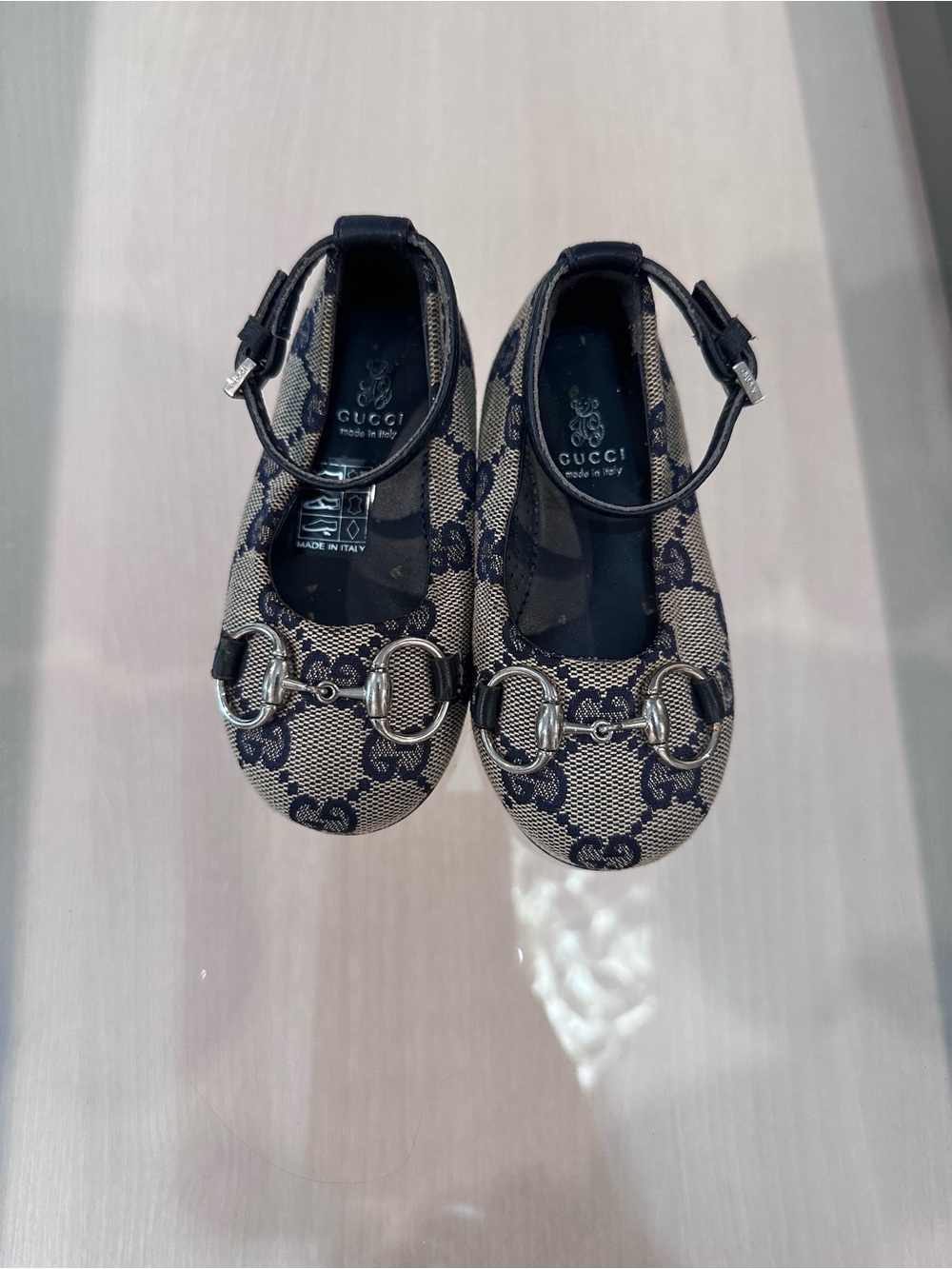 Gucci Navy & Beige GG Canvas Horsebit Mary Jane Kids Shoes